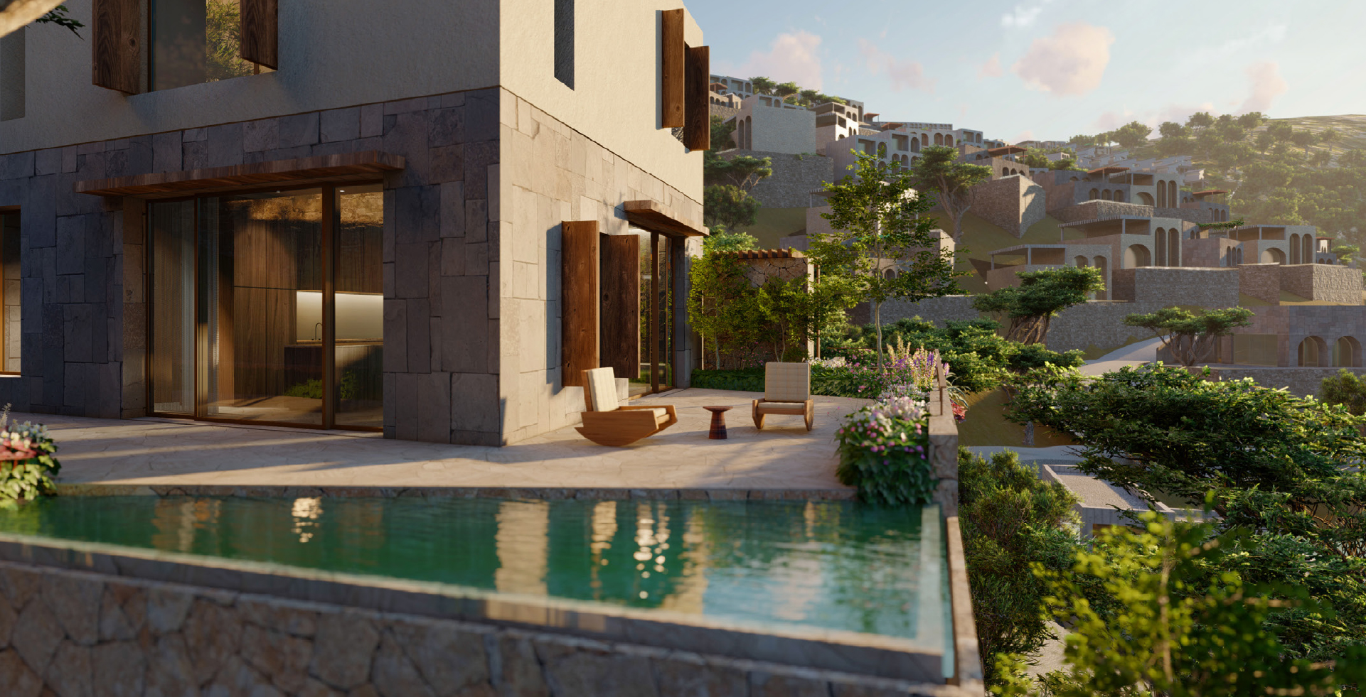 render of villa with infinity pool 