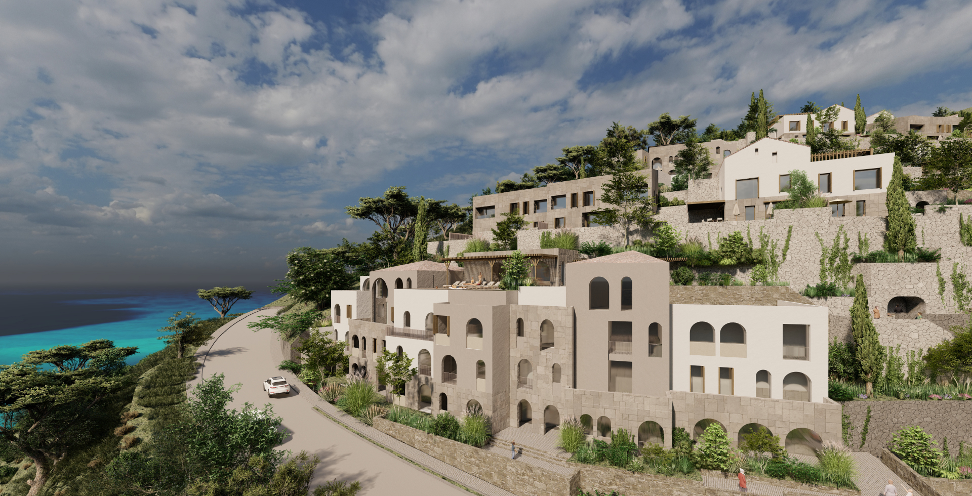 render of apartments built next to the sea