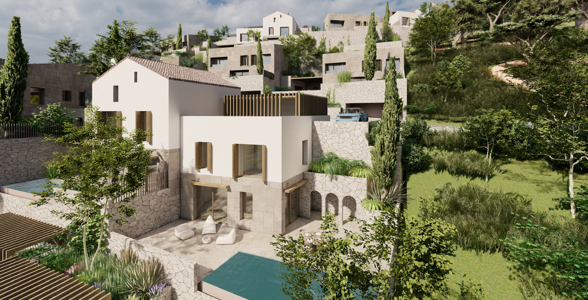 render of luxury villas with pools