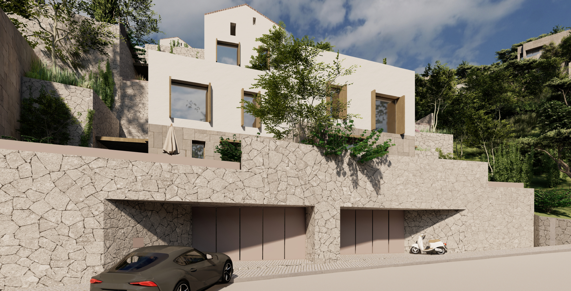 render of villa with car parked in front of garage