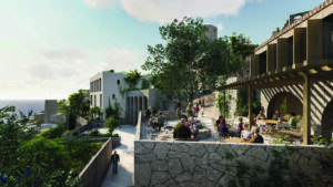 render of luxury vvilla with stone walls courtyard