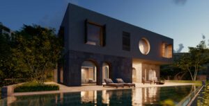 large villa with lighting and pool