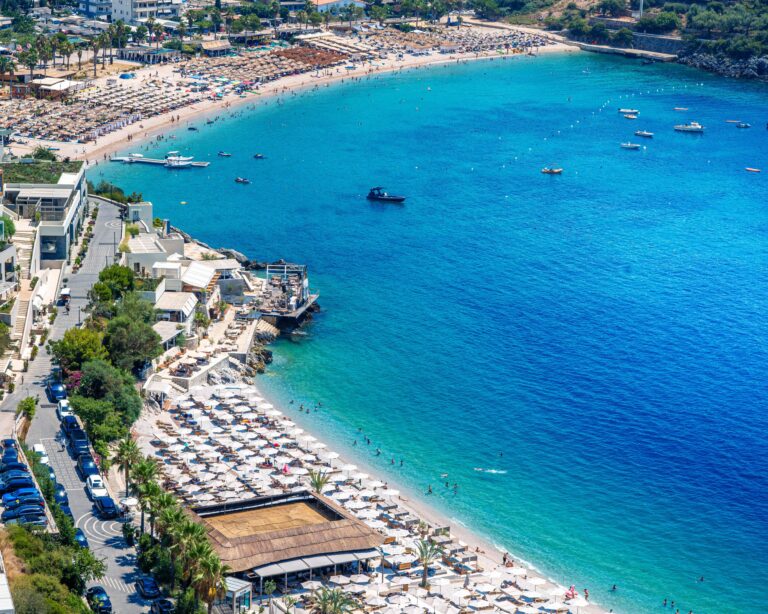 aerial view of beach with umbrellas