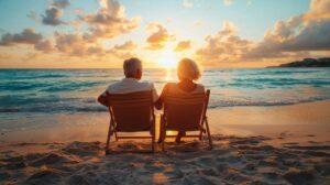 elderly couple on beach chairs on beach looking at sunset